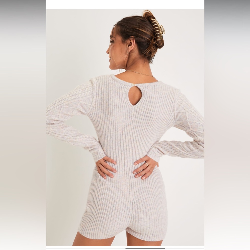 Lulus Cuddly Sentiments Blush Multi Marled Cable Knit Romper - Picture 3 of 8